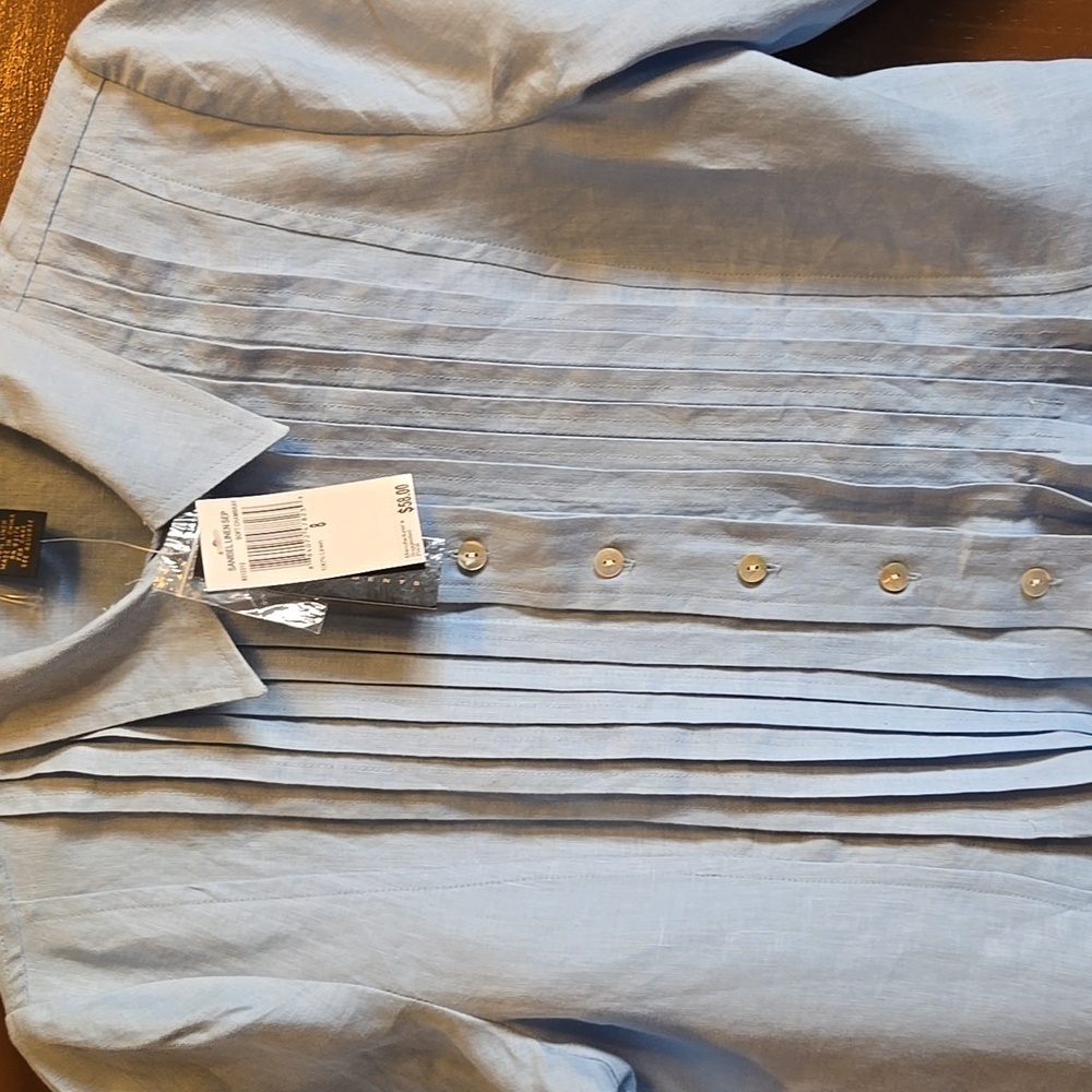 Grace Elements-Linen blue pleated top with 3/4 sleeves Size 8 NWT. - Picture 4 of 8